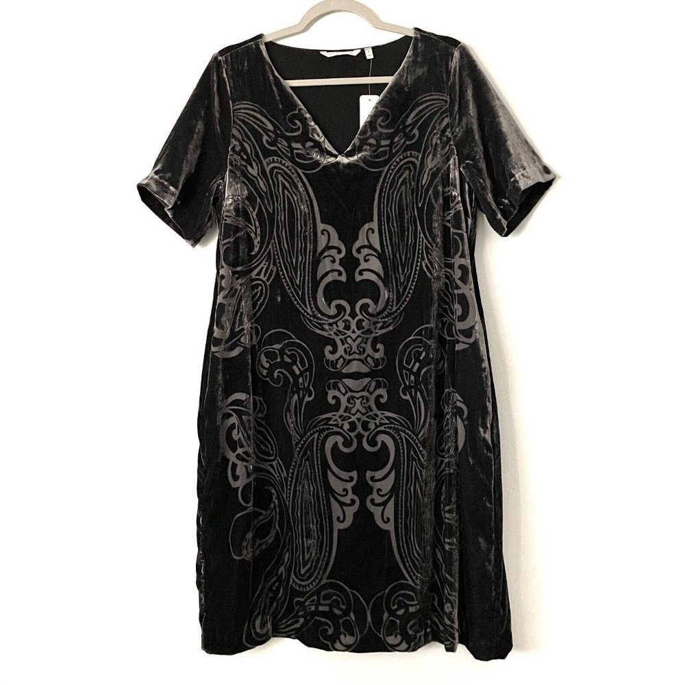 NEW Soft Surroundings Black Velvet Paisley Short Sleeve Dress Women’s Size Med